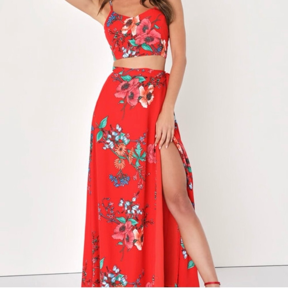 Lulus Bloom With a View Red Two-Piece Set